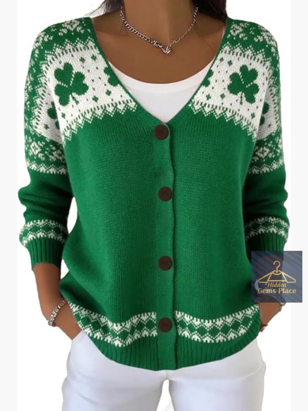 Funny Shamrock Graphic V-Neck Button Down Cardigan Sweater Long Sleeve Open - Picture 1 of 2